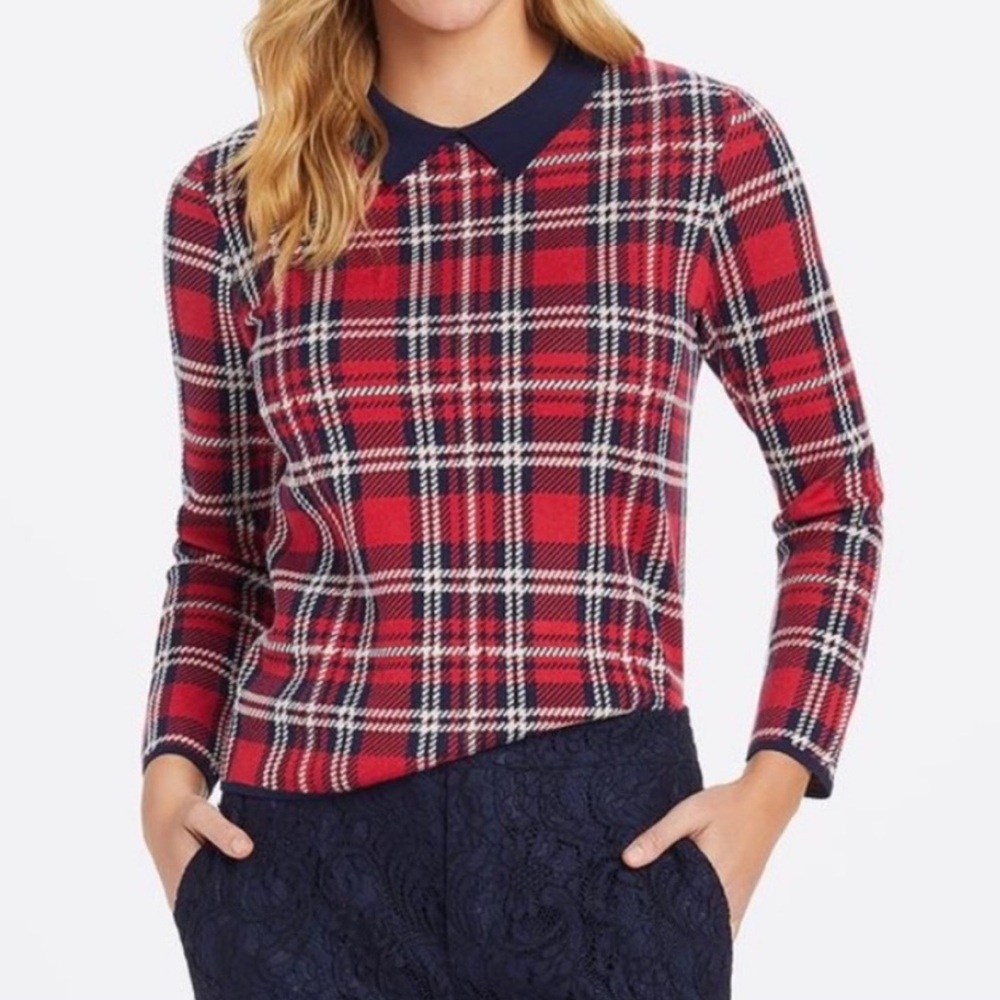 Draper James Red Navy Plaid Collared Sweater, size L